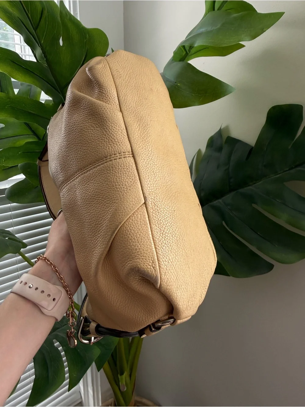 Coach Pebbled Leather Shoulder Bag in Tan with Dark Brown Strap